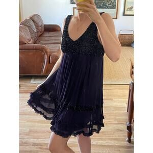 Y2K Silk Beaded Babydoll Dress Ruffle Hem Size Small